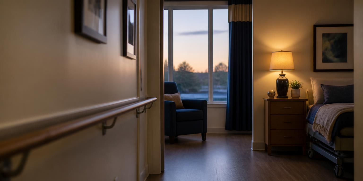 Nursing home corridor and resident room in low late-afternoon light with a lamp switched on, illustrating sundowning in nursing homes
