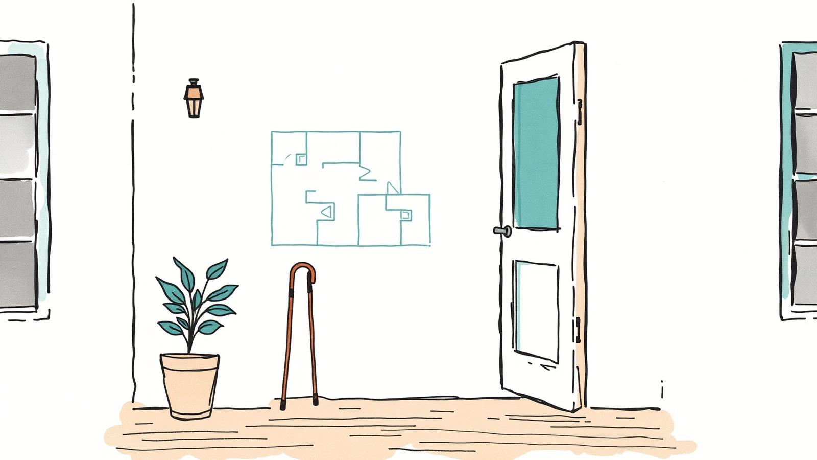 Hand-drawn Australian home entryway with a stylised floor plan overlay and a walking cane by the door, symbolising the Support at Home program that funds in-home aged care