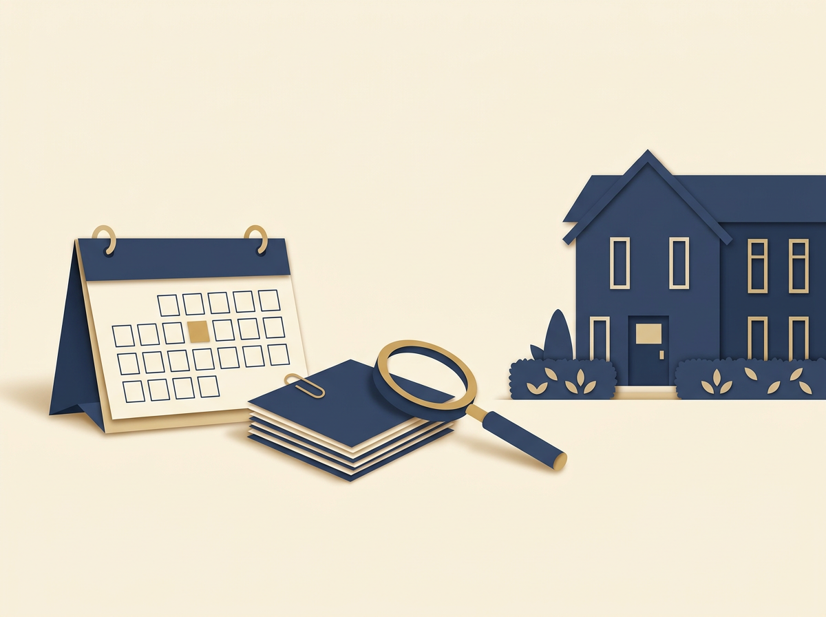 Editorial illustration of a desk calendar with a highlighted date, a stack of VA benefit application documents, a magnifying glass and a small residential care building, illustrating the VA Aid and Attendance application timeline