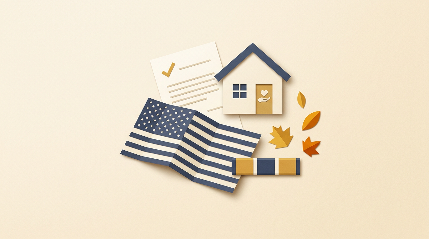 Editorial illustration of a folded American flag, a service ribbon, a small house with a care icon and a benefits document on a soft cream background, representing VA Aid and Attendance for nursing home care