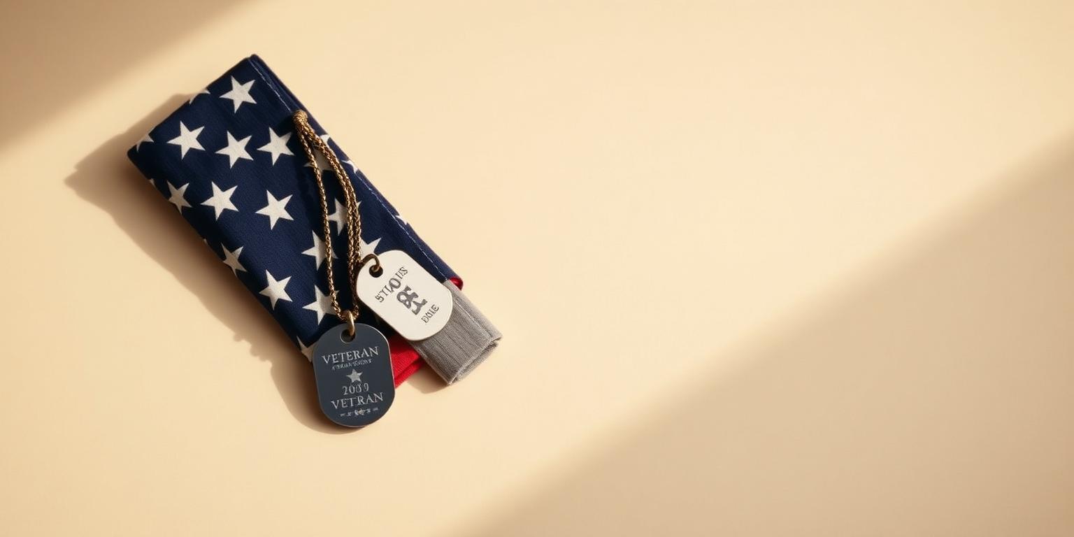 Folded American flag with veteran service dog tags on cream paper, representing VA benefits for nursing home and long-term care