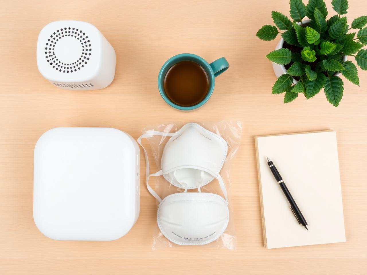 Flat lay of a portable HEPA air purifier, sealed N95 respirator masks and a teal mug on a light oak desk, representing a nursing home smoke response kit