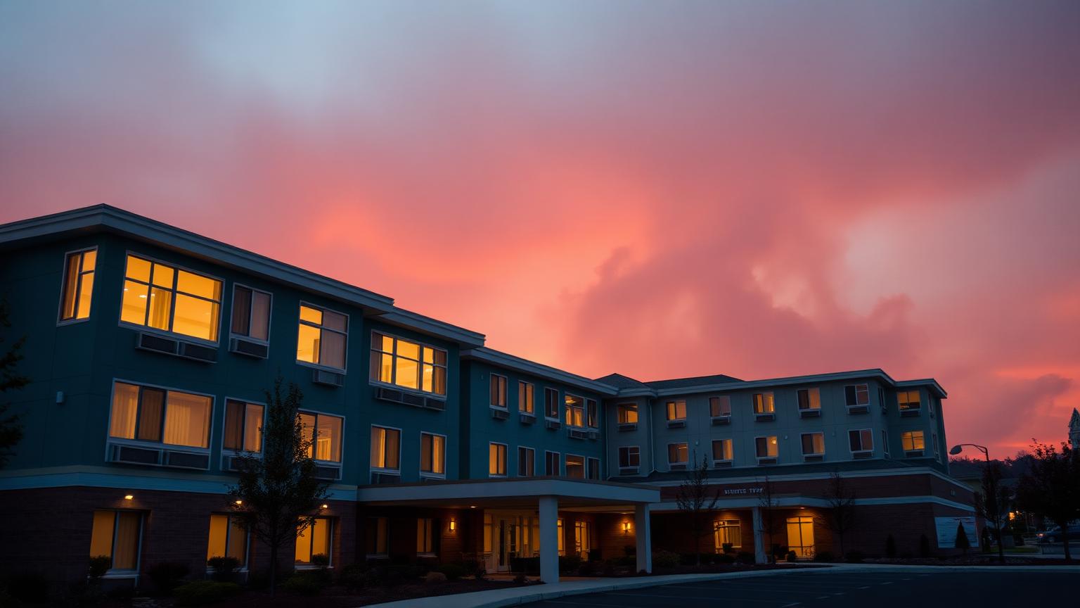 Modern nursing home building at dusk with warm interior lights glowing through windows, hazy amber sky suggesting distant wildfire smoke